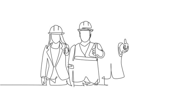 Animation of one line drawing of male and female building builder groups wearing helmet giving thumbs up gesture. Great team work concept. Continuous line self drawing animated. Full length motion.