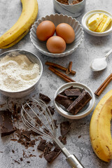 Ingredients for making banana bread. Sweet homemade dessert item, bakery themes