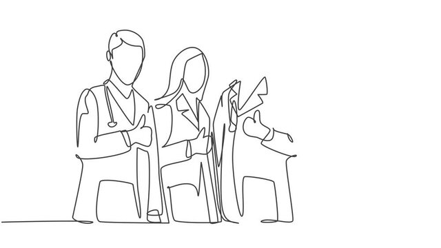 Animation of one line drawing of groups of doctors giving thumbs up gesture as service excellence symbol. Medical team work concept. Continuous line self drawing animated. Full length motion.