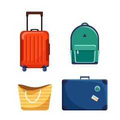 Set of plastic, metal, leather suitcases and bags. Travel suitcases with wheels and stickers, journey backpack, tote bag, trip baggage. Luggage vector illustration isolated on white background