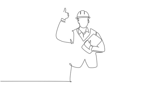 Self drawing animation of single line draw young construction worker foreman carrying clipboard and giving thumbs up gesture. Building constructor concept. Continuous line draw. Full length animated.