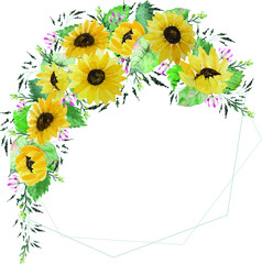 Sunflower with green leaves with wire polygon frame decoration wreath - watercolor hand draw vector background