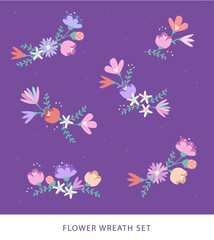 Fototapeta na wymiar Flower wreath. Vector branch with colorful flowers on dark purple background. Daisies, tulips, crocuses and etc. Rounded wreaths set. Pink, red, yellow, purple, white, green colours for your design.