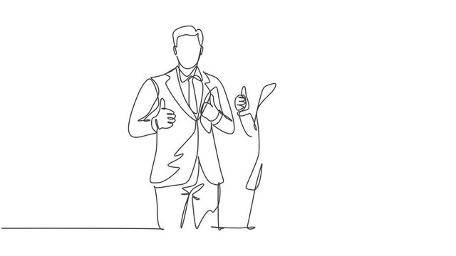 Self drawing animation of single line draw group of businessman and businesswoman standing up together giving thumbs up gesture. Business teamwork concept. Continuous line draw. Full length animated.