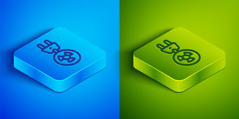 Isometric line Radiation electrical plug icon isolated on blue and green background. Nuclear energy. Square button. Vector