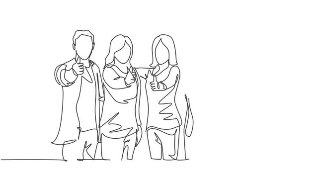Self drawing animation of single line draw group of businessmen and businesswomen standing up and giving thumbs up gesture. Business meeting concept. Continuous line draw. Full length animated.