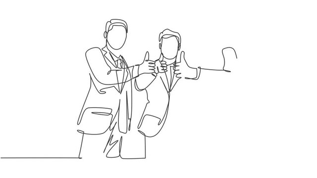 Self drawing animation of single line draw businessmen wearing suit after meeting and giving thumbs up gesture together. Business owner teamwork concept. Continuous line draw. Full length animated.