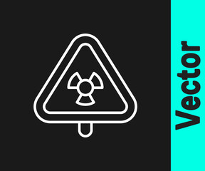 White line Triangle sign with radiation symbol icon isolated on black background. Vector