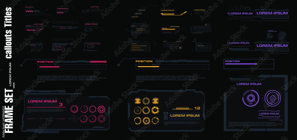 Aufkleber set frames, callouts and headers. set of modern elements for the hud interface. menu elements for th