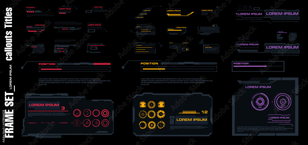 Poster Set frames, callouts and headers. Set of modern elements for the HUD interface. Menu elements for the game HUD interface. Information panels and boxes