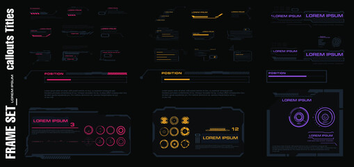 Set frames, callouts and headers. Set of modern elements for the HUD interface. Menu elements for the game HUD interface. Information panels and boxes