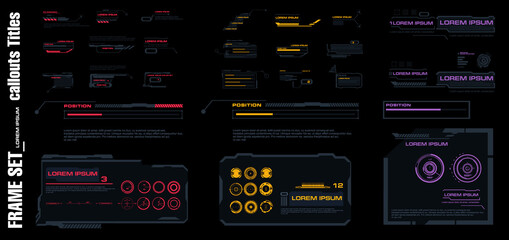 Set frames, callouts and headers. Set of modern elements for the HUD interface. Menu elements for the game HUD interface. Information panels and boxes