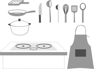 IHクッキングヒーターと調理器具（モノクロ）