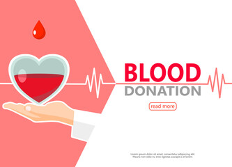 Droplet blood and heart donate on hand for publicize to the public to join blood donor for poster, banner, card, and background. vector illustrator blood donation day concept.
