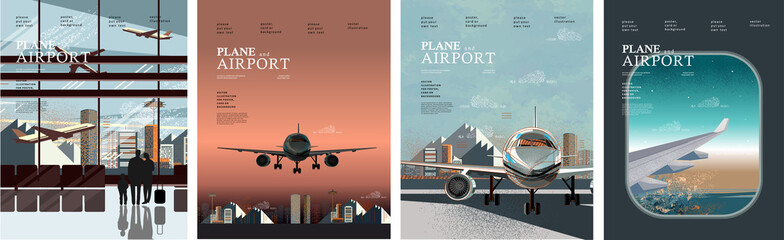 Airplane and airport. Vector illustration of a porthole with an airplane wing, flight and terminal interior with traveling people © Ardea-studio