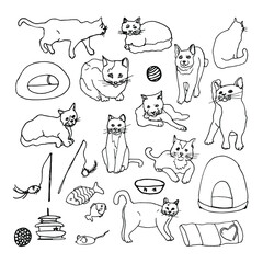 Doodle cats set.Lineart hand drawn animal set.