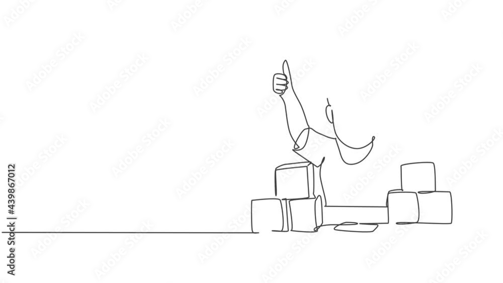 Poster self drawing animation of single line draw boy playing stack of puzzle block on table and giving thu