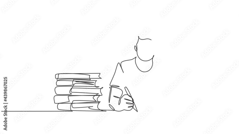 Poster animation of one line drawing of male college student studying and reading stack of books while give