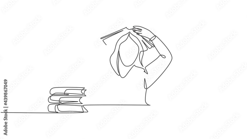 Poster animation of one line drawing of bored student read stack of books and put the book on her head and 