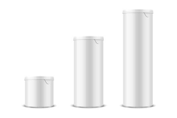 Vector 3d Realistic Blank Glossy White Metal Tin Can, Canned Food, Potato Chips Packaging With Lid Set Isolated On White Background. Small, Medium, Big Size. Design Template, Mockup. Front View