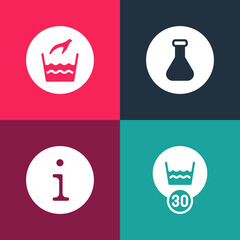 Set pop art Temperature wash, Information, Test tube and flask and Hand laundry icon. Vector
