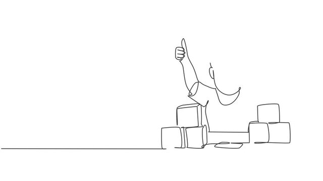 Self drawing animation of single line draw boy playing stack of puzzle block on table and giving thumbs up gesture in kindergarten class. Business deal continuous line draw. Full length animated.