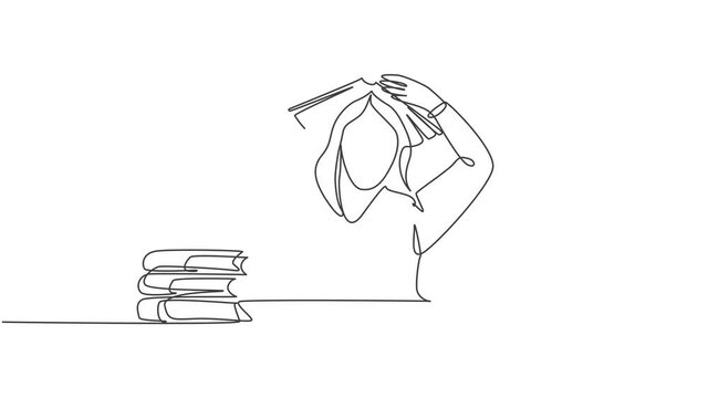 Animation of one line drawing of bored student read stack of books and put the book on her head and gives thumb up gesture. Education concept. Continuous line self drawing animated. Full length motion