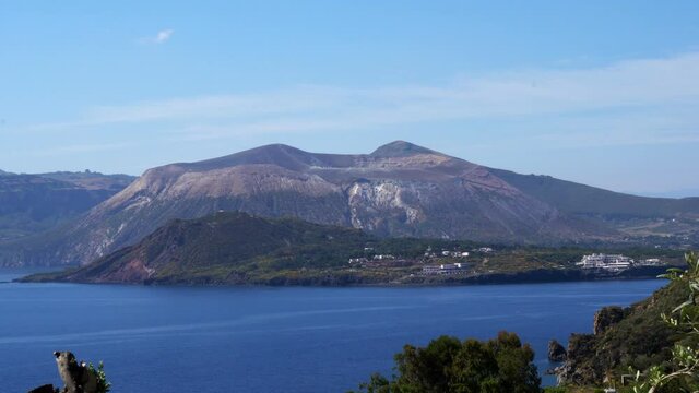 The Island of Vulcano seen from Lipari, Aeolian islands, Sicily, Italy, Real Time, 4k
