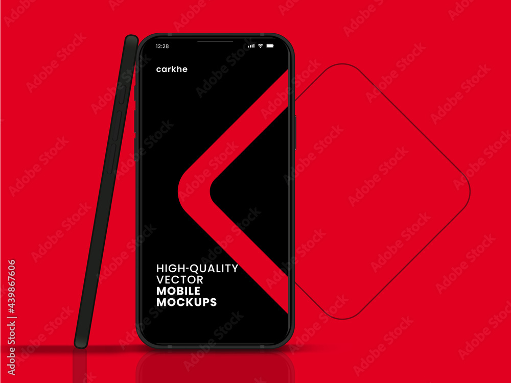 Poster High quality vector mobile mockups. Realistic smartphone. Device UI UX mockup for presentation template. Cellphone frame with blank display isolated templates. 3D isometric illustration cell phone