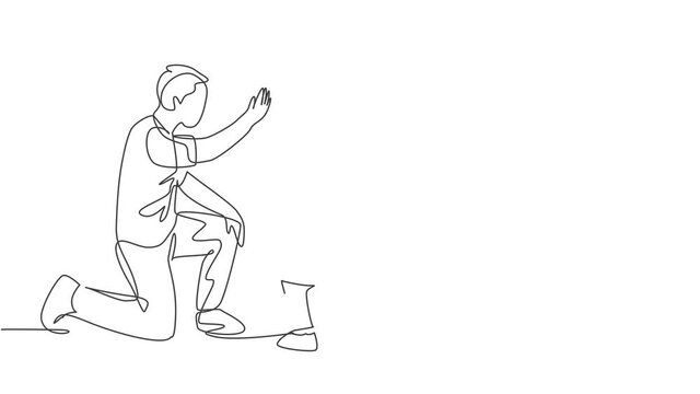 Animation of one line drawing of father bow his body to give high five gesture to his boy. Parenting family care concept. Continuous line self drawing animated illustration. Full length motion.