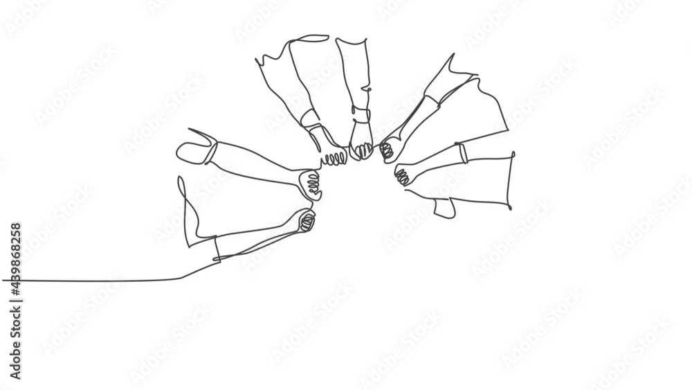 Aufkleber animation of one line drawing of people fist join their hands together and create circle shape. busi