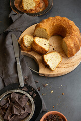 Ready to eat banana bread. Sweet homemade dessert on table, bakery themes