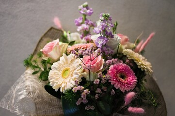 Detail of a beautiful bouquet with white, pink and purple flowers (Marche, Italy, Europe)