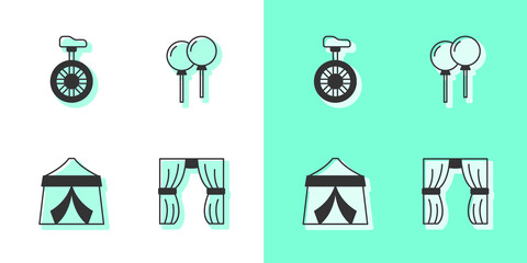 Set Circus curtain raises, Unicycle or one wheel bicycle, tent and Balloons with ribbon icon. Vector © Kostiantyn
