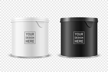Vector 3d Realistic Blank Glossy White, Black Metal Tin Can, Canned Food, Potato Chips Packaging With Lid Set Isolated On Transparent Background. Small Size. Design Template, Mockup. Front View
