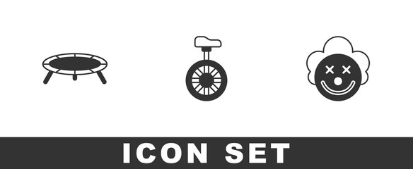 Set Jumping trampoline, Unicycle or one wheel bicycle and Clown head icon. Vector © Kostiantyn