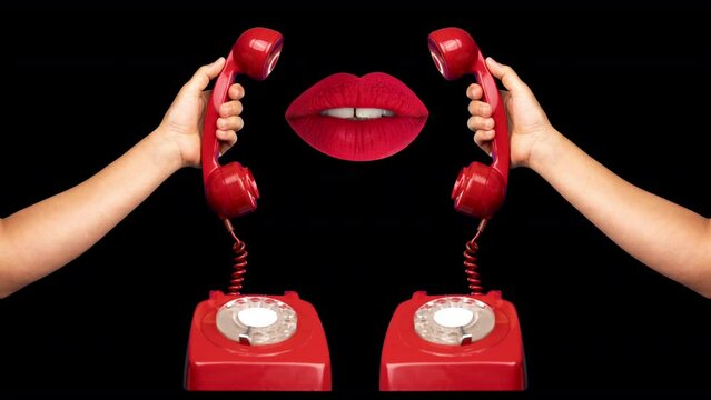 Lips talking on retro red telephone