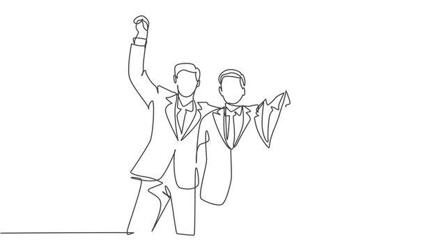 Animation of one line drawing of businessmen celebrating their successive target at the meeting with high five gesture. Business concept continuous line self drawing animated. Full length motion.