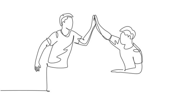 Animation of one line drawing of start up founders celebrating their successive goal at the meeting with high five gesture. Business concept continuous line self drawing animated. Full length motion.