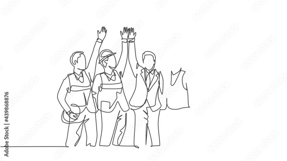 Poster self drawing animation of single line draw construction workers and foreman with vest and helmet cel