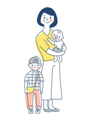 家族　赤ちゃんを抱っこしているママと男の子　