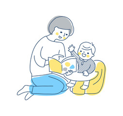 赤ちゃんに読み聞かせをしているママ