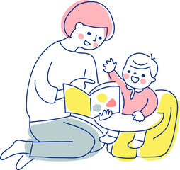 赤ちゃんに読み聞かせをしているママ