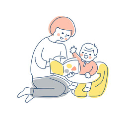 赤ちゃんに読み聞かせをしているママ