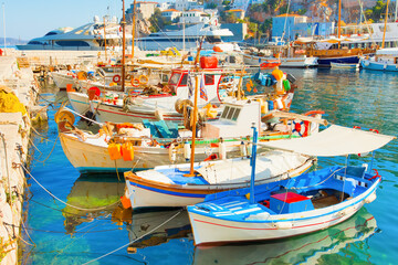 Greece, boats in port of Hydra island in Saronicos Gulf - 439868893
