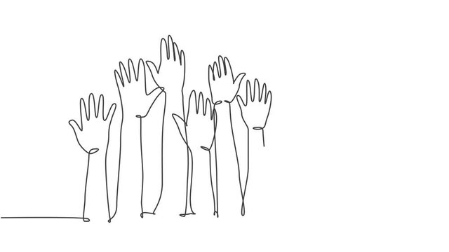 Animation of one single line drawing of group of people open up and raising their hands up into the air. Business team work concept. Continuous line self drawing animated. Full length motion.