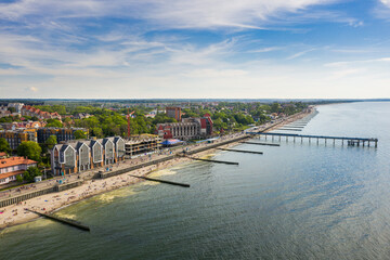 The promenade of Zelenogradsk in the summertime, view from a drone
