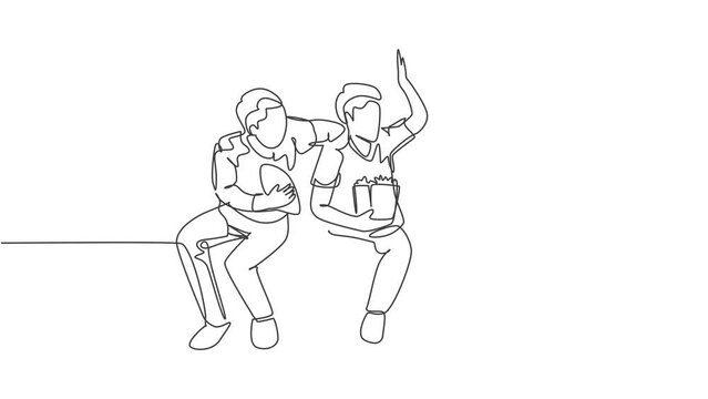 Animation of one single line drawing of fans siting on sofa and watching their favorite club playing on the television. Fans club concept continuous line self drawing animated. Full length motion.