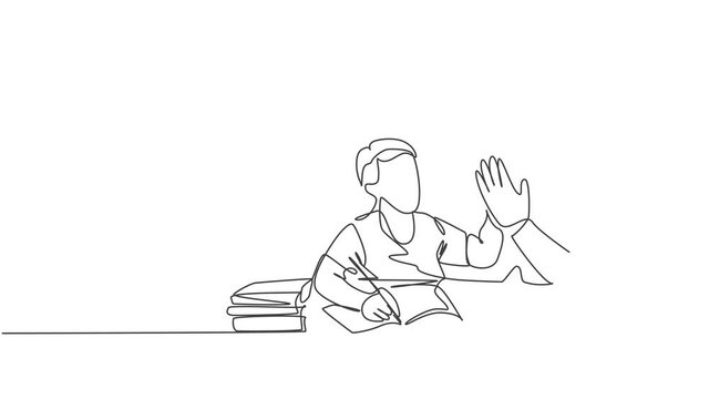 Animation of one single line drawing of mother accompany her kid studying reading a book while give high five gesture. Parenting care concept. Continuous line self drawing animated. Full length motion