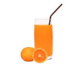 Isolated drink. Clear shape tall glass of squeezed fresh orange juice with straw slices of fruit isolated on white background. With clipping paths.